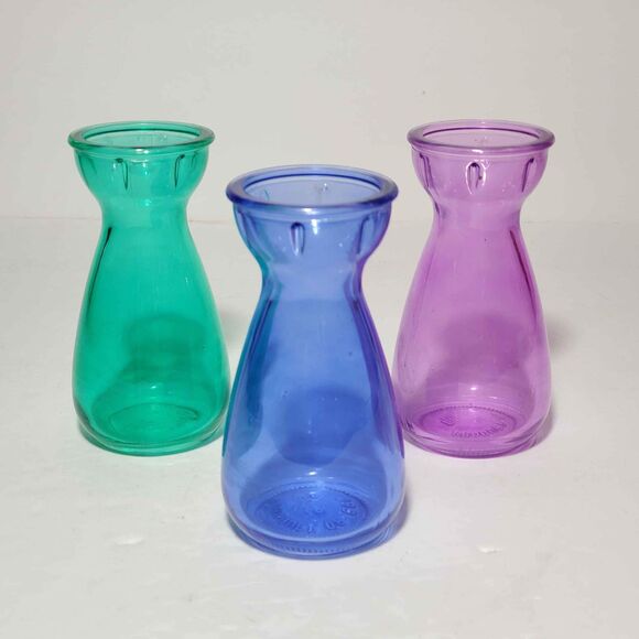 3 Small Glass Bud Vase Set Purple Blue Green - Picture 7 of 7